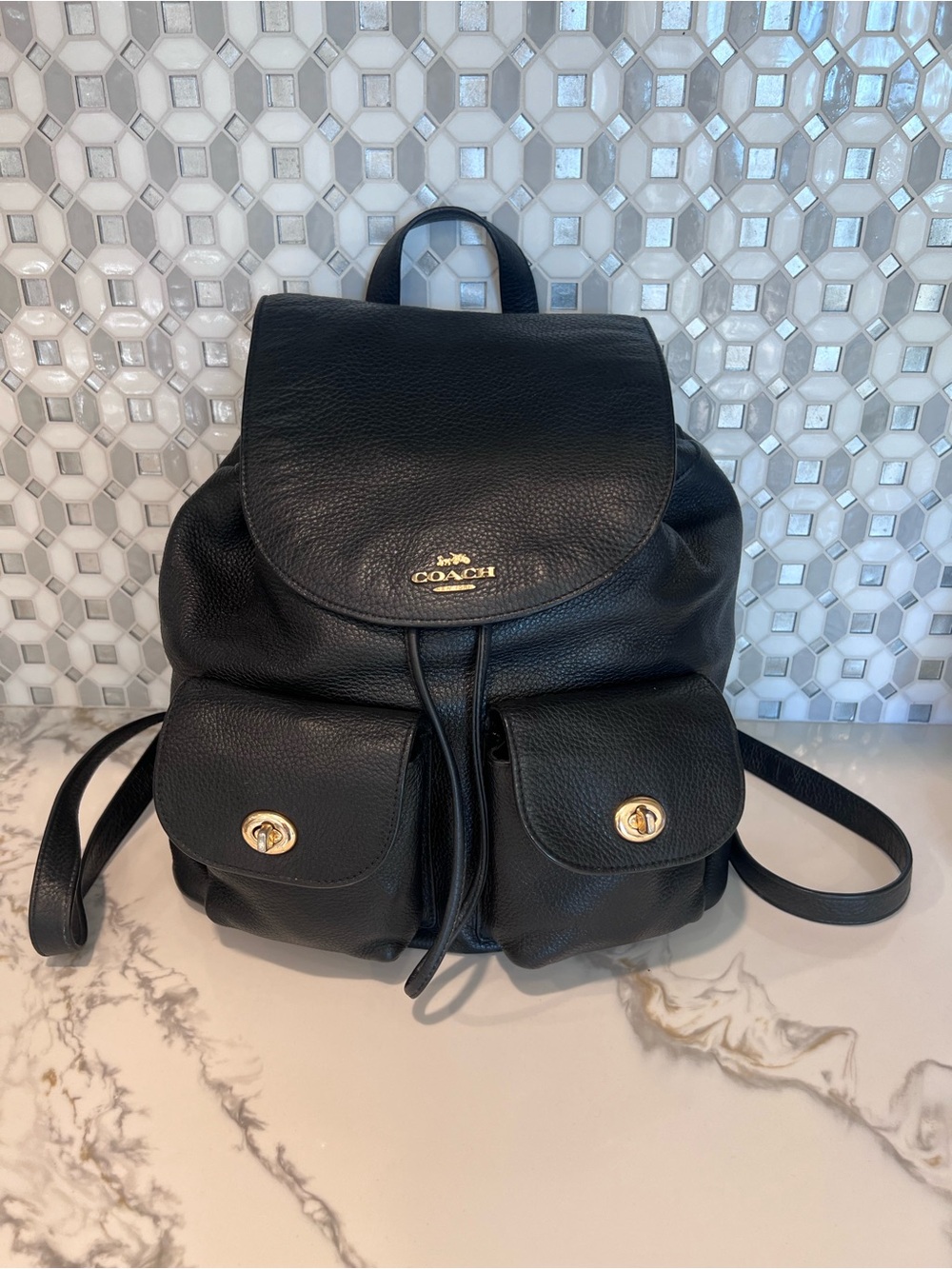 Coach Black Billie Billy Drawstring Backpack Front Pockets